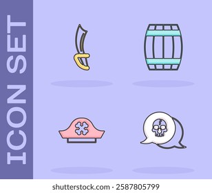 Set Skull, Pirate sword, hat and Wooden barrel icon. Vector