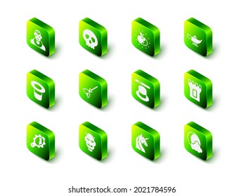 Set Skull, Poison apple, Magic lamp or Aladdin, Castle tower, Moon and stars, hat wand, Unicorn and Mask of the devil with horns icon. Vector