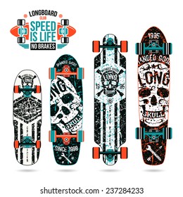 Set of skull prints on longboard in retro style. 