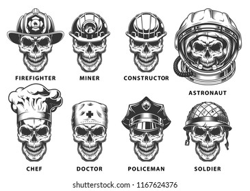 Set of skull in professional headwear. Vector illustraiton