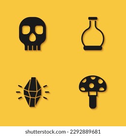 Set Skull, Psilocybin mushroom, Magic stone and Bottle with potion icon with long shadow. Vector
