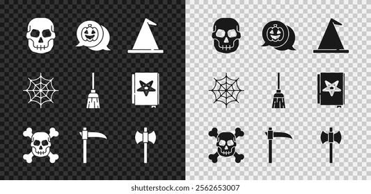 Set Skull, Pumpkin, Witch hat, on crossbones, Scythe, Wooden axe, Spider web and Witches broom icon. Vector