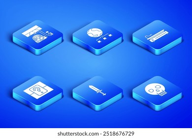 Video Conjunto de cráneo, cabina del simulador de carreras, espada para el juego, caja aleatoria de misterio, red de computadoras e icono de consola. Vector