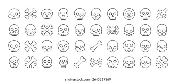 Conjunto de ícones de linha relacionados ao crânio. Outline Signs para Gráficos e Web Design, Apps, Anúncios, Vários Cartões