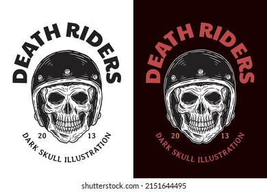 Set Skull Rider Helmet Dark illustration Skull Bones Head Hand drawn Hatching Outline Symbol Tattoo Merchandise T-shirt Merch vintage