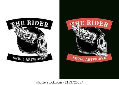 Set Skull Rider Helmet Dark illustration Beast Skull Bones Head Hand drawn Hatching Outline Symbol Tattoo Merchandise T-shirt Merch vintage