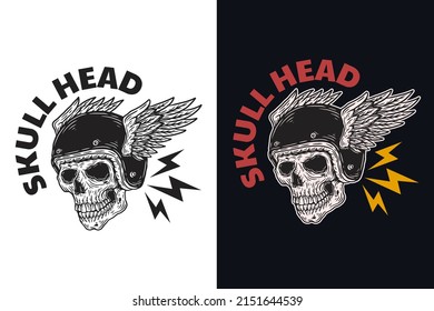 Set Skull Rider Helmet with wing Dark illustration Skull Bones Head Hand drawn Hatching Outline Symbol Tattoo Merchandise T-shirt Merch vintage