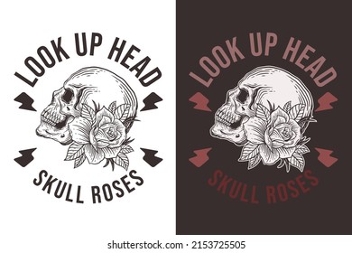 Set Skull Rose Dark illustration Beast Skull Bones Head Hand drawn Hatching Outline Symbol Tattoo Merchandise T-shirt Merch vintage