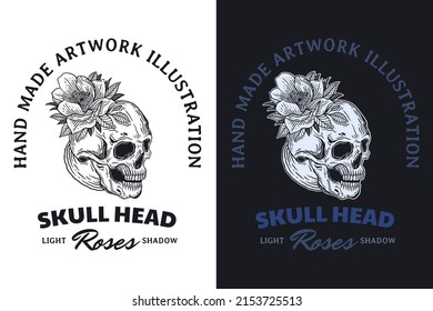 Set Skull Rose Dark illustration Beast Skull Bones Head Hand drawn Hatching Outline Symbol Tattoo Merchandise T-shirt Merch vintage