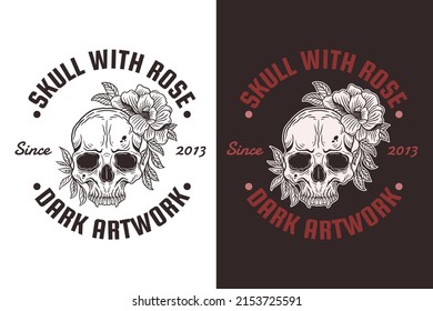 Set Skull Rose Dark illustration Beast Skull Bones Head Hand drawn Hatching Outline Symbol Tattoo Merchandise T-shirt Merch vintage