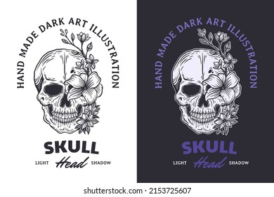 Set Skull Rose Dark illustration Beast Skull Bones Head Hand drawn Hatching Outline Symbol Tattoo Merchandise T-shirt Merch vintage