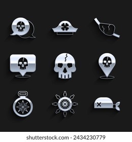 Set Skull, Ship steering wheel, Pirate bandana for head, Location pirate, Compass, eye patch and  icon. Vector