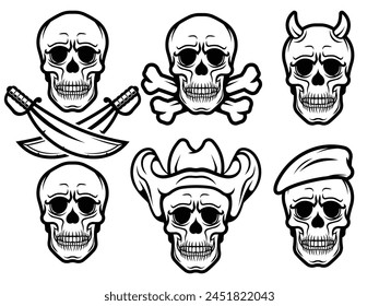 Set of skull silhouettes with pirate hat, bones, military beret, sabers, horns and cowboy hat. Vector illustration