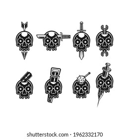 set of skull with some tools. vector illustration. icon logo