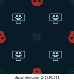 Set Skull, Spider web and Happy Halloween holiday on seamless pattern. Vector