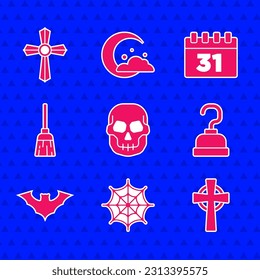 Set Skull, Spider web, Tombstone with cross, Pirate hook, Flying bat, Witches broom, Calendar Halloween and  icon. Vector