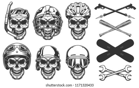 Set of skull in sport equipment. Vector illustraiton