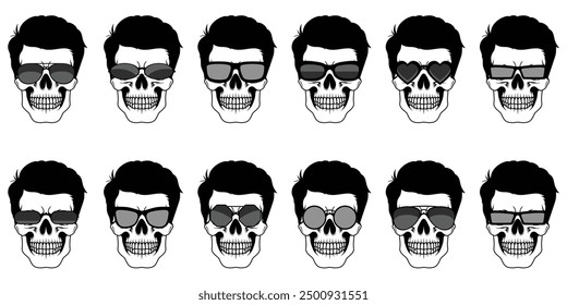 Set of skull with sunglasses  illustration.