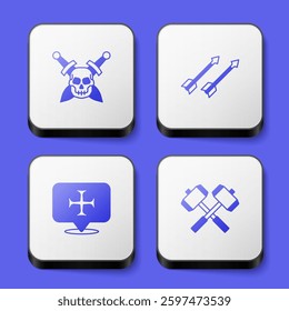 Set Skull with sword, Medieval arrows, Crusade and Crossed battle hammers icon. White square button. Vector