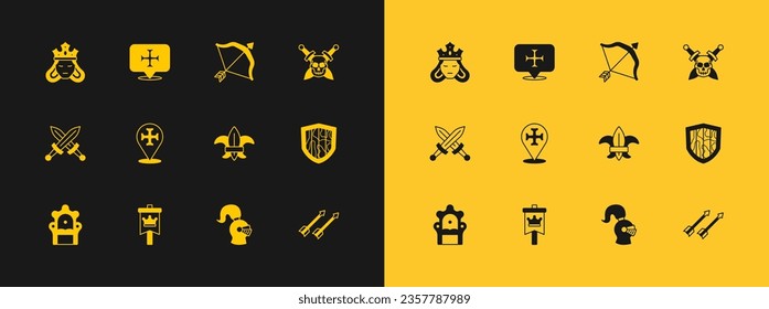 Skull mit Schwert, mittelalterliche Fahne, Fleur de lys lily Blume, Helm, Crusade, Bogen und Pfeil, Prinzessin Königin und Symbol. Vektorgrafik