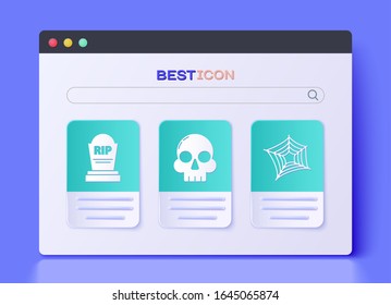 Set Skull , Tombstone with RIP and Spider web  icon. Vector