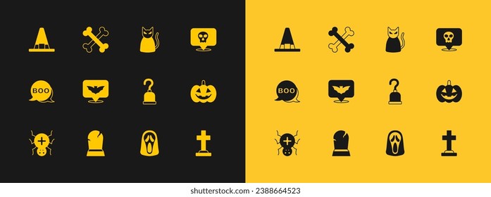 Set Skull, Tombstone with RIP written, Pirate hook, Funny and scary ghost mask, Flying bat, Black cat, Witch hat and Crossed bones icon. Vector