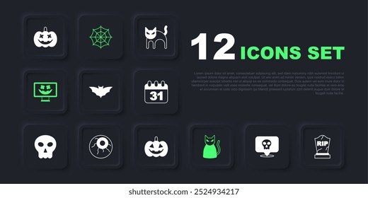 Set Skull, Tombstone with RIP written, Flying bat, Black cat, Happy Halloween holiday, Eye, Spider web and Pumpkin icon. Vector