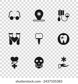 Conjunto de cráneo, diente con caries, médico de hospital cruzado, implante dental, presión arterial, gafas, ubicación y tubo de ensayo icono de sangre. Vector