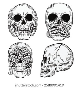 set of skull vector illustration series 1-monochrome vintage hand drawn style