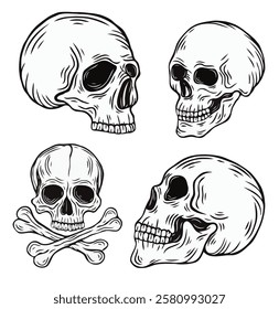 set of skull vector illustration series 5-monochrome vintage hand drawn style