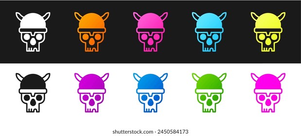 Set Skull with viking helmet icon isolated on black and white background. Happy Halloween party.  Vector