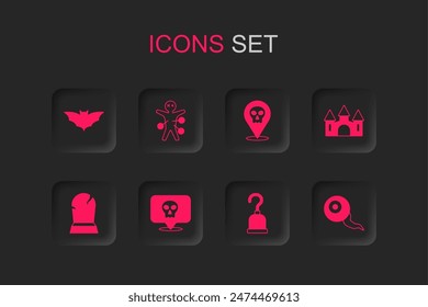 Set Skull, Voodoo doll, Flying bat, Pirate hook, Castle, Eye,  and Tombstone with RIP written icon. Vector