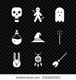 Set Skull, Voodoo doll, Ghost, Rabbit with ears, Dream catcher feathers, Witches broom, Bottle love potion and hat icon. Vector