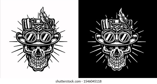 Set of skull wearing a steampunk hat, Isolated on dark and bright background