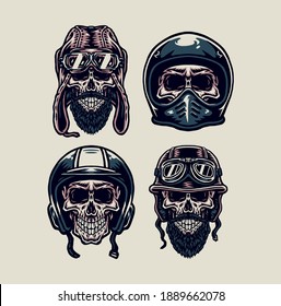 Set of skull wearing a vintage helmet, hand drawn line style with digital color, vector illustration
