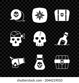 Set Skull, Wind rose, Antique treasure chest, Cannon, Pirate coin, captain and  icon. Vector