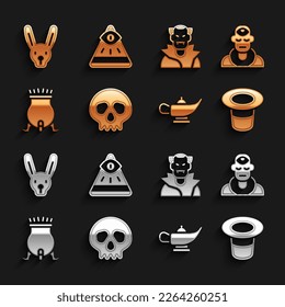 Set Skull, Wizard warlock, Magic hat, lamp or Aladdin, Witch cauldron, Vampire, Rabbit with ears and Masons icon. Vector