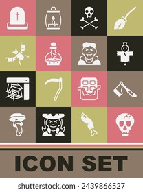 Set Skull, Wooden axe, Scarecrow, on crossbones, Bottle with potion, Flying bat, Tombstone RIP written and Vampire icon. Vector