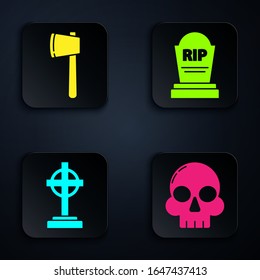Set Skull , Wooden axe , Tombstone with cross  and Tombstone with RIP. Black square button. Vector