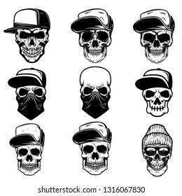 Set of skulls in baseball cap and bandana. Design element for logo, label, sign, poster, banner. Vector illustration