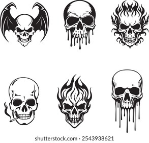 set of skulls black and white vector. Silhouette shapes of skulls illustration.