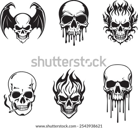 set of skulls black and white vector. Silhouette shapes of skulls illustration.