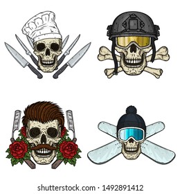 Set of skulls. Chef, soldier, hipster and snowboarder