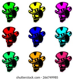 Set skulls. Colored skull. Bright and cheerful skull. Stickers and labels with skulls. Skull wearing a hat. Vintage style. Vector illustration. Eps10.