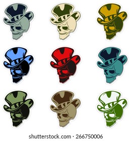 Set skulls. Colored skull. Bright and cheerful skull. Stickers and labels with skulls. Skull wearing a hat. Vintage style. Vector illustration. Eps10.
