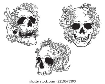 Set of skulls with coral. Collection of portrait of a human skull with underwater plants seahorses, corals, reef. Vector illustration isolated on white background.