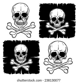 Set of Skulls with Crossbones isolated on white. Freehand drawing. Vector illustration. 