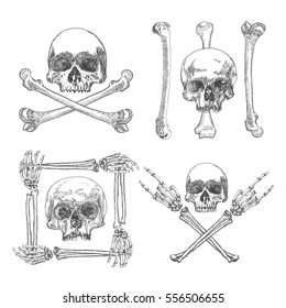 Set of Skulls crossbones, made of hands with gestures or in the frame made of hands bones. Occult witch craft magic portrait of the dead human head. Handmade detailed drawing. Vector illustration.