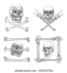 Set of Skulls crossbones, made of hands with gestures or in the frame made of hands bones. Occult witch craft magic portrait of the dead human head. Handmade detailed drawing. Vector illustration.