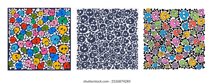 Conjunto de com crânios e ossos cruzados em um fundo preto e branco. Padrão do crânio e dos ossos. Vetor fundo assustador Halloween para tecido, padrão de crânio, papel de embrulho, papel de parede, papel de embrulho de presente.